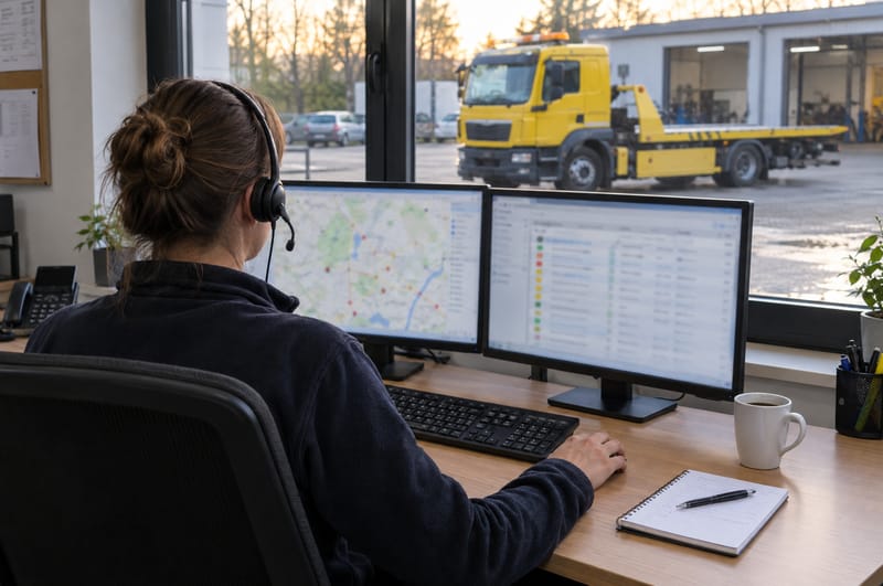 Arbeitsplatz in der Disposition mit Headset und zwei Bildschirmen, draußen ein gelber Abschleppwagen (Symbolbild, mit KI erstellt)