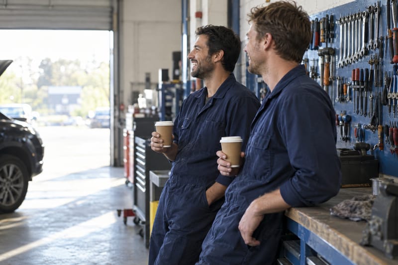 Zwei Kollegen in Arbeitskleidung lachen bei einem Kaffee an der Werkbank (Symbolbild, mit KI erstellt)