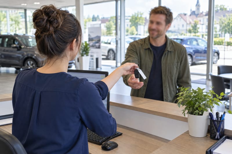 Serviceassistenz übergibt am Tresen einen Autoschlüssel an einen Kunden (Symbolbild, mit KI erstellt)